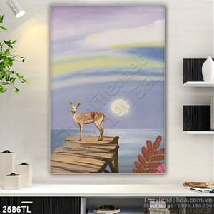 Tranh sơn dầu con nai và biển trang trí