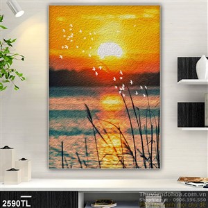 Tranh sơn dầu bình minh trên sông đẹp