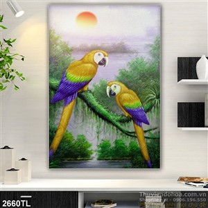 Tranh sơn dầu chim Vẹt trang trí phòng bếp