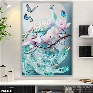 Tranh chim công điêu khắc và hoa mộc lan