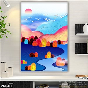 Tranh màu nước rừng cây và núi