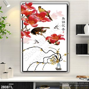 Tranh thư pháp hoa và chim sẻ treo tường đẹp