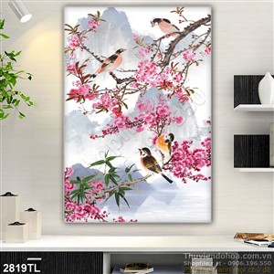 Tranh màu nước hoa Đào và chim yến