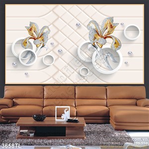 Tranh 3D hoa ly trang sức vàng trang trí phòng ngủ
