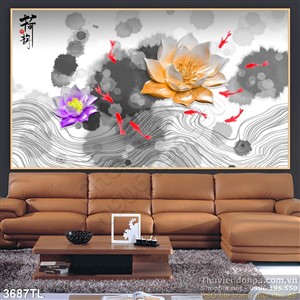 Tranh thư pháp hoa Sen cá chép giả ngọc