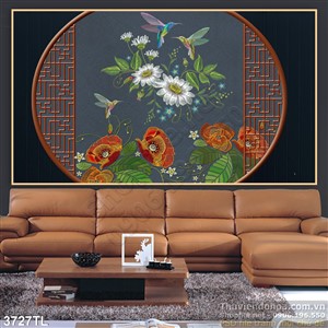 Tranh sơn dầu cửa sổ và hoa trang trí phòng khách