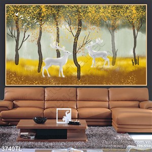 Tranh sơn dầu rừng cây và hươu trang trí tường đẹp