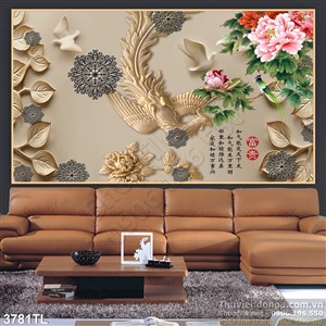 Tranh điêu khắc chim phượng và hoa mẫu đơn đẹp