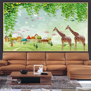 Tranh 3D hươu cao cổ trang trí trường mẫu giáo