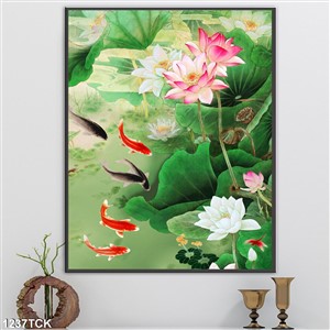 Tranh trang trí hoa sen cá chép psd Tranh trang trí hoa sen cá chép psd