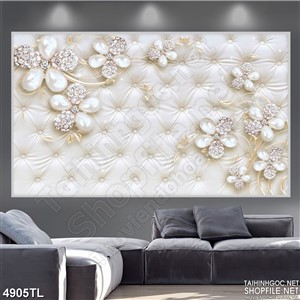 Tranh in gạch hoa mai trắng khảm ngọc kim cương