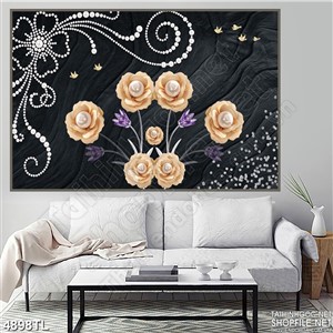 Tranh lụa nền đen hoa hồng vàng