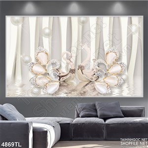 Tranh lụa hoa và chim thiên nga