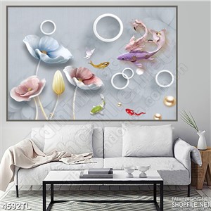 Tranh lụa cá koi tím và hoa cúc 4D