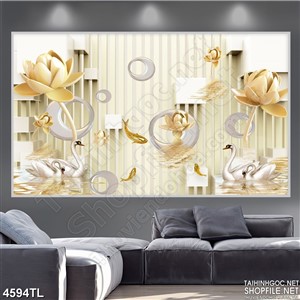 Tranh 3D hoa sen vàng và cá koi gold
