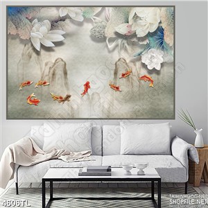 Tranh cá koi in gạch và sen