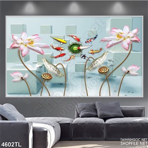 Tranh lụa cá koi hội tụ và sen