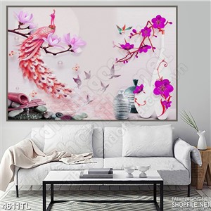 Tranh lụa chim công đỏ và hoa lan