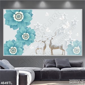 Tranh hoa lụa xanh và nai