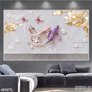 Tranh lụa cá koi tím và hoa psd