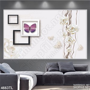 Tranh hoa hồng trắng và bướm tím