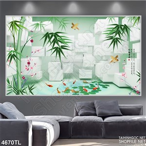 Tranh in uv cành trúc và cá koi