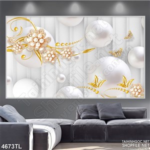 Tranh lụa nền ngọc trai và hoa