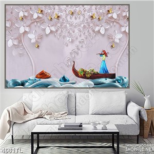 Tranh in tường cô gái trên thuyền