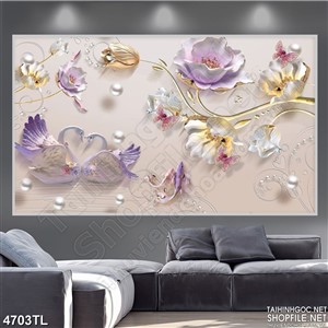 Tranh 3D thiên nga tím và hoa