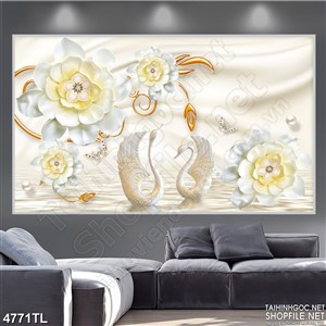 Tranh lụa hoa và thiên nga in uv