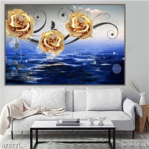 Tranh hoa hồng vàng nền xanh biển