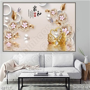 Tranh lụa hoa ngọc trai thiên nga vàng