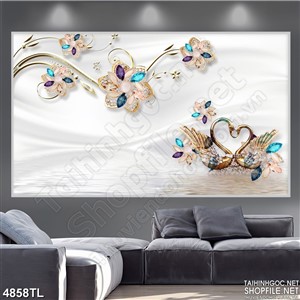 Tranh lụa thiên nga đá ngọc wall