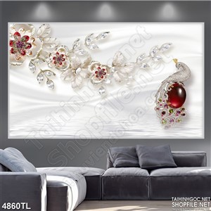 Tranh hoa 3D chim công ngọc đỏ