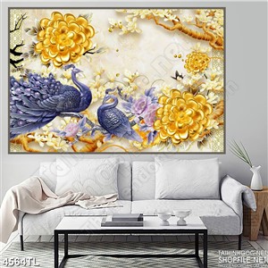 Tranh chim công xanh và hoa vàng khảm