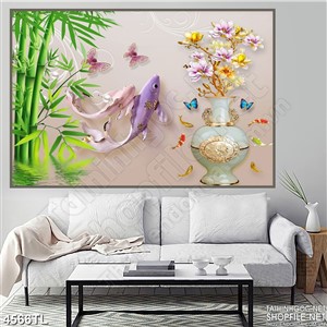 Tranh lụa cá chép tím và hoa