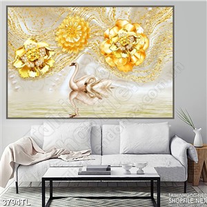 Tranh in gạch thiên nga và hoa vàng