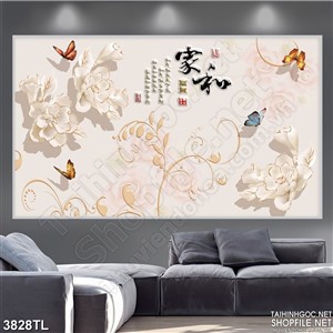 Tranh chữ thư pháp hoa và bướm 4D