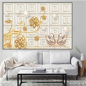 Tranh 3D thiên nga và hoa trang trí vàng