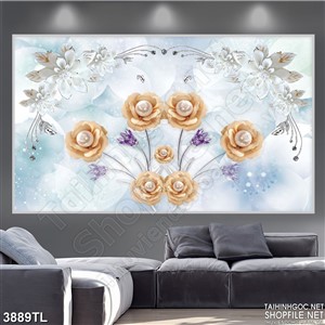 Tranh in hoa hồng vàng điểm ngọc trai