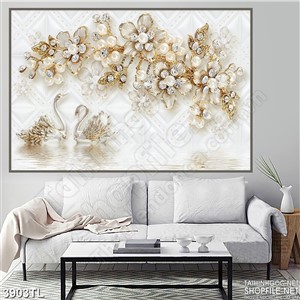 Tranh lụa in thiên nga và hoa trang trí