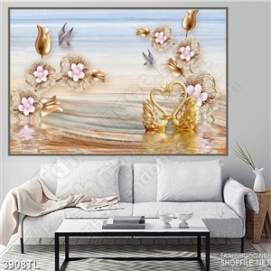 Tranh lụa thiên nga vàng chạm ngọc và hoa đẹp
