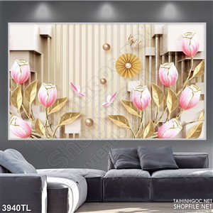 Tranh lụa hoa tulip hồng