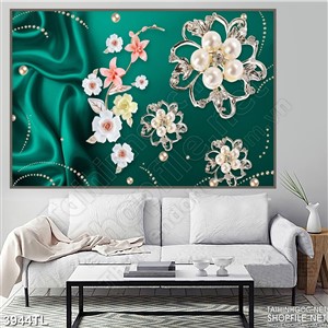 Tranh lụa xanh hoa ngọc trai 5D