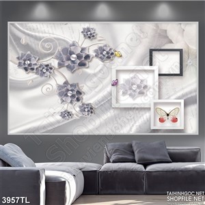 Tranh lụa hoa xám và ô vuông trang trí