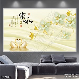 Tranh lụa chữ thư pháp hoa và thiên nga