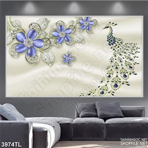 Tranh chim công hoa ngọc xanh in uv