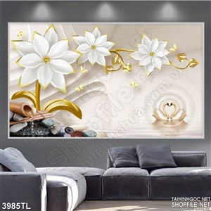 Tranh lụa hoa cúc trắng và ống trúc nước