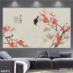 Tranh thủy mặc hoa đào và chim