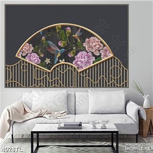 Tranh in wall hoa mẫu đơn trong quạt 4D